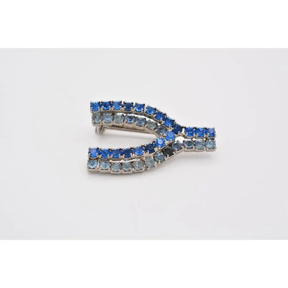 Vintage Wishbone Pin Brooch Blue Rhinestone Crystal Silver Tone Prong 80s BinAT